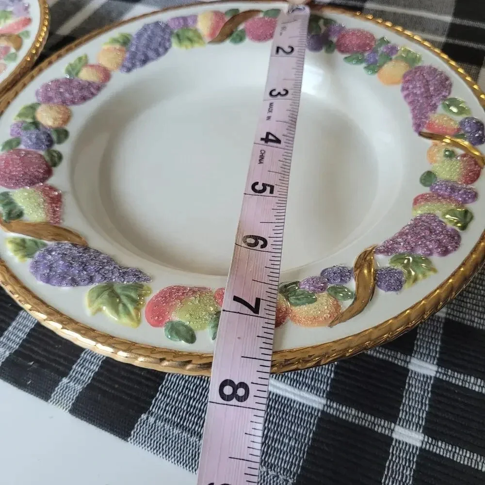 Vintage Avon Frosted Fruit Plate Set Dish Ivory Embossed Gold Trim Food Candle